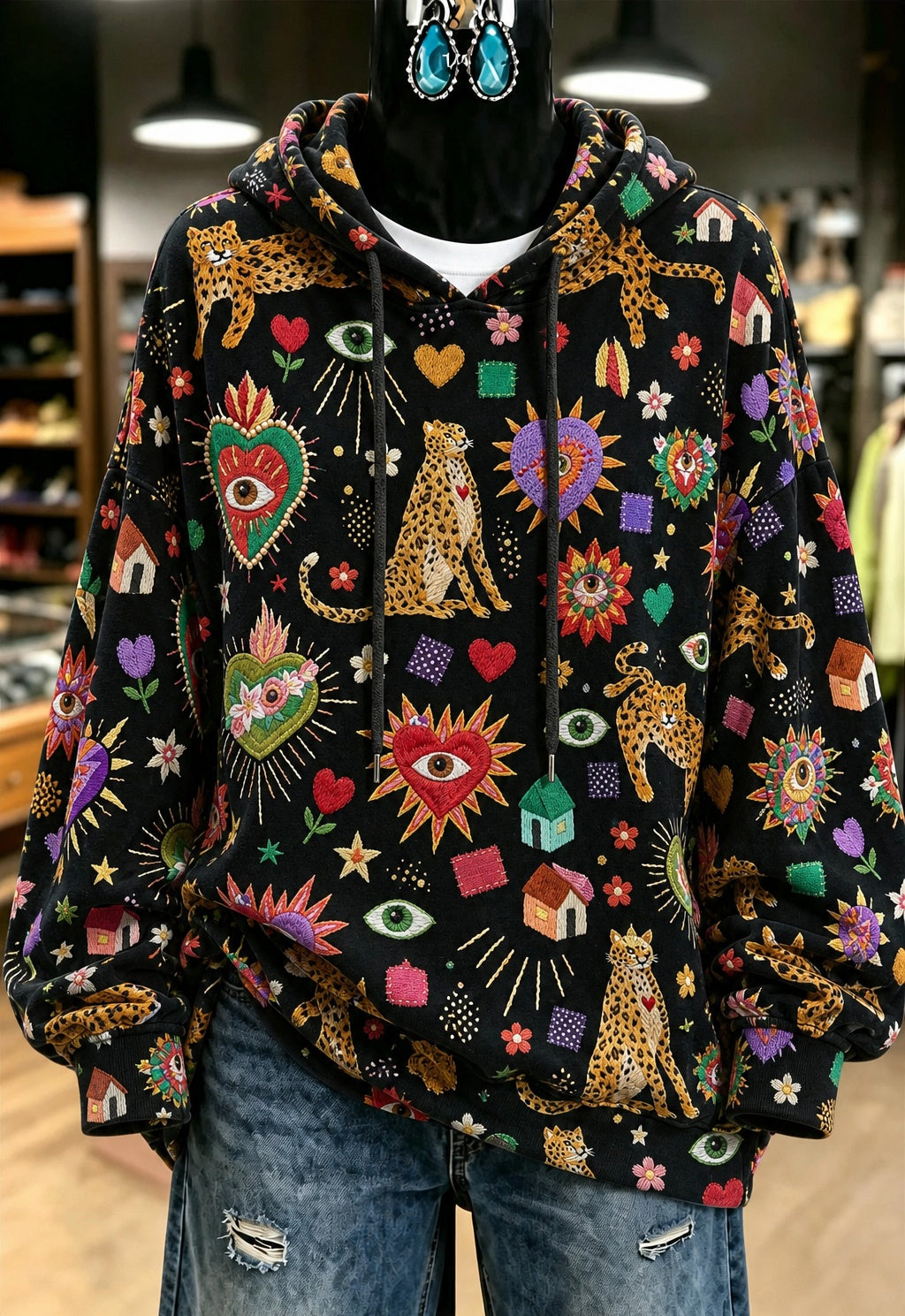 Black Floral Print Hoodie