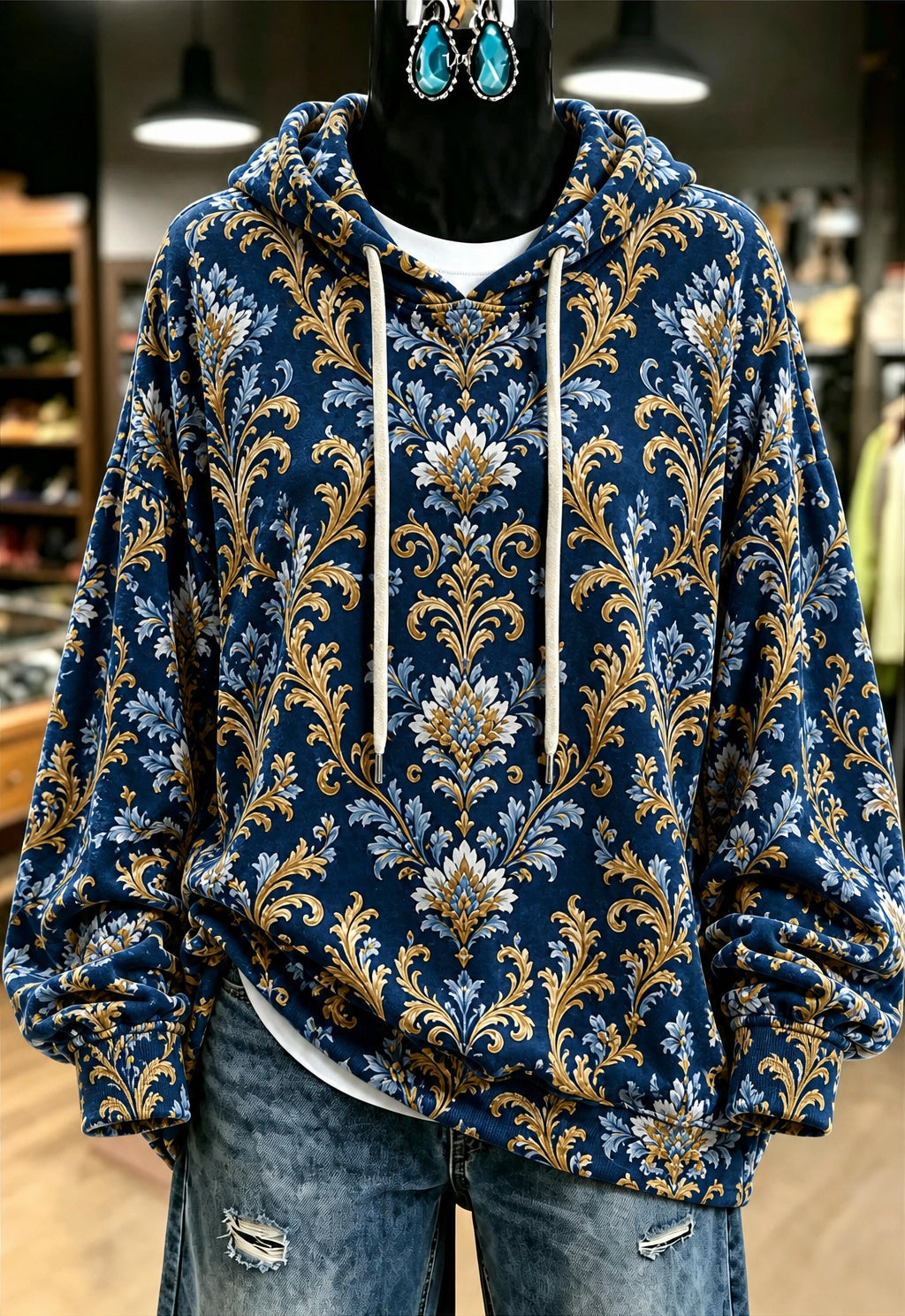 Blue Paisley Print Hoodie