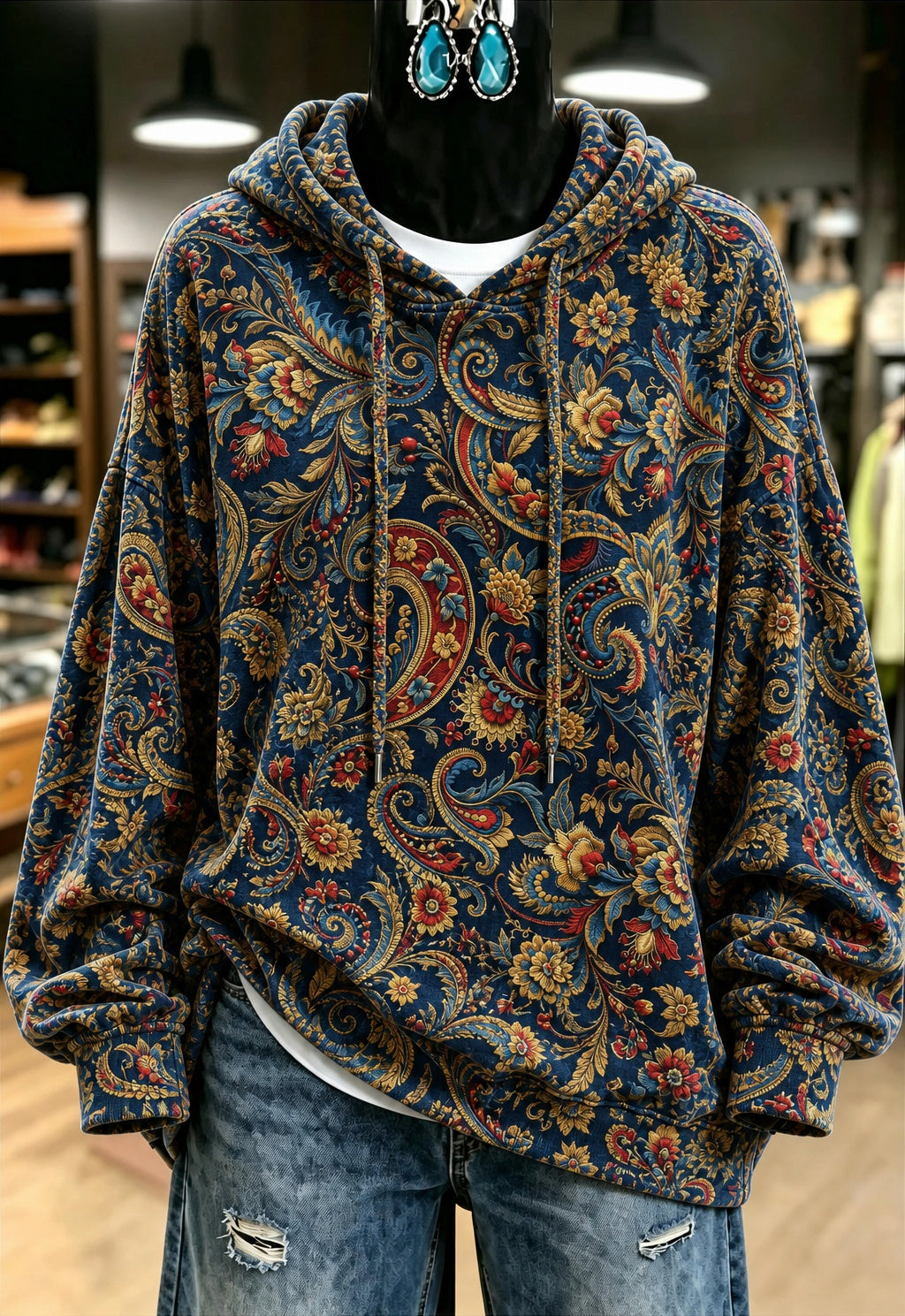 Blue Gold Paisley Print Hoodie