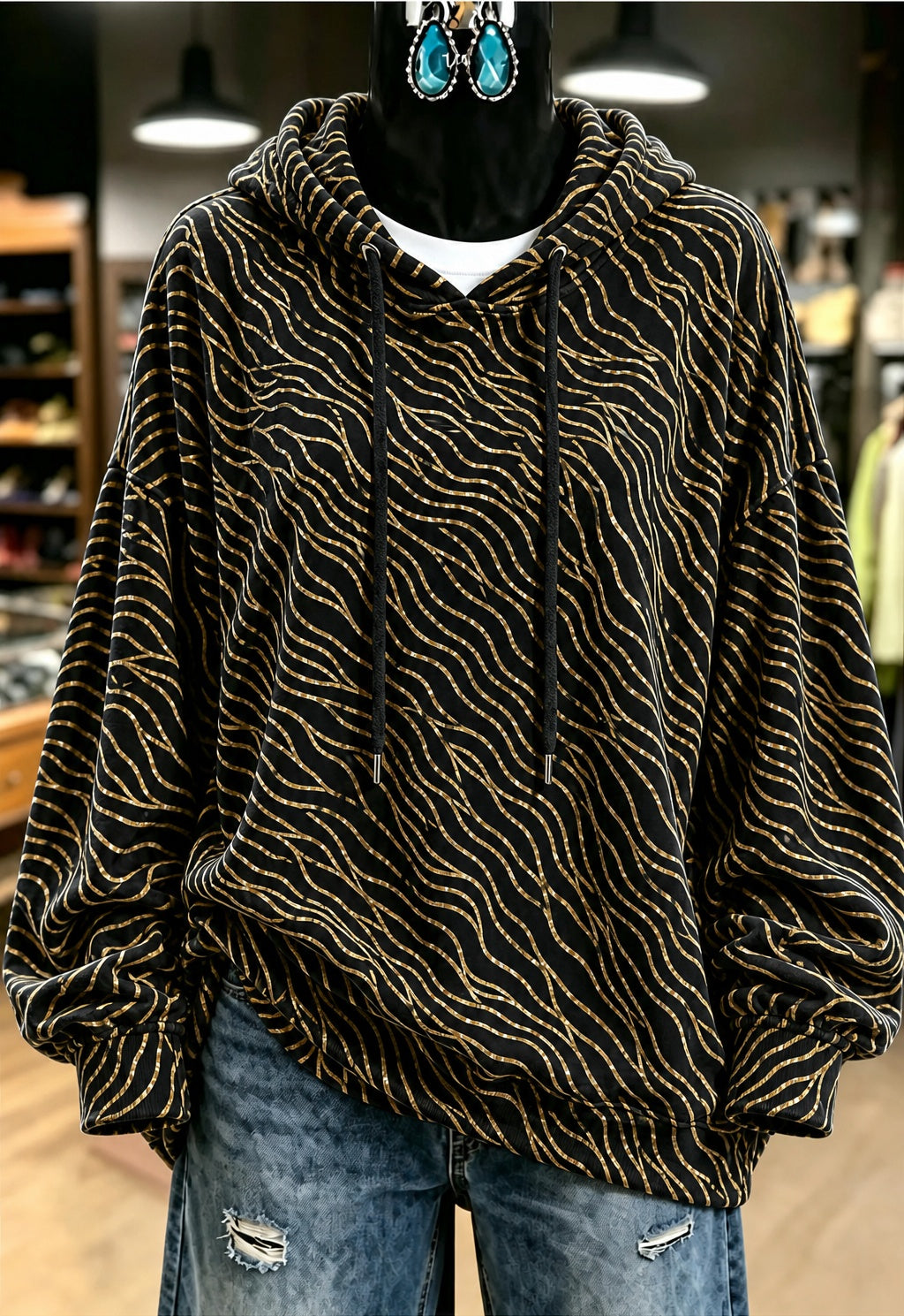 Black Gold Wavy Line Hoodie