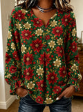 Green Poinsettia Print Blouse