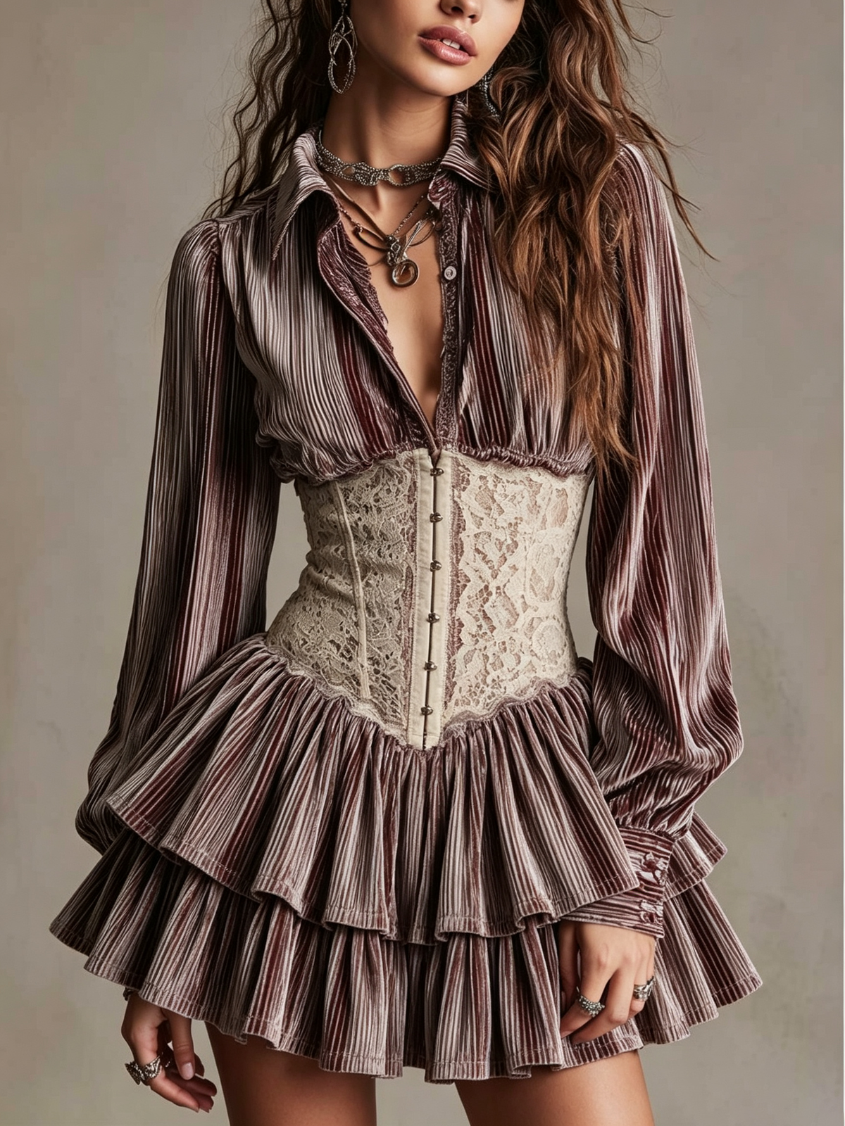 Brown Striped Lace Corset Mini Dress