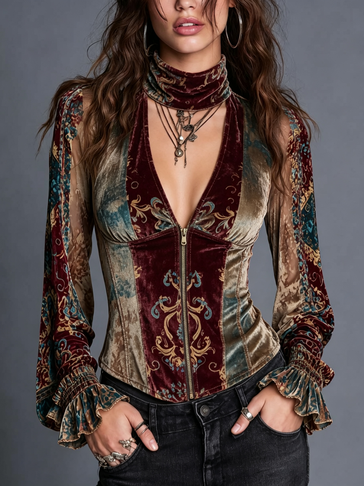 Multicolor Velvet Zip-Up Corset Top