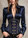 Navy Satin Pinstripe Peplum Blouse