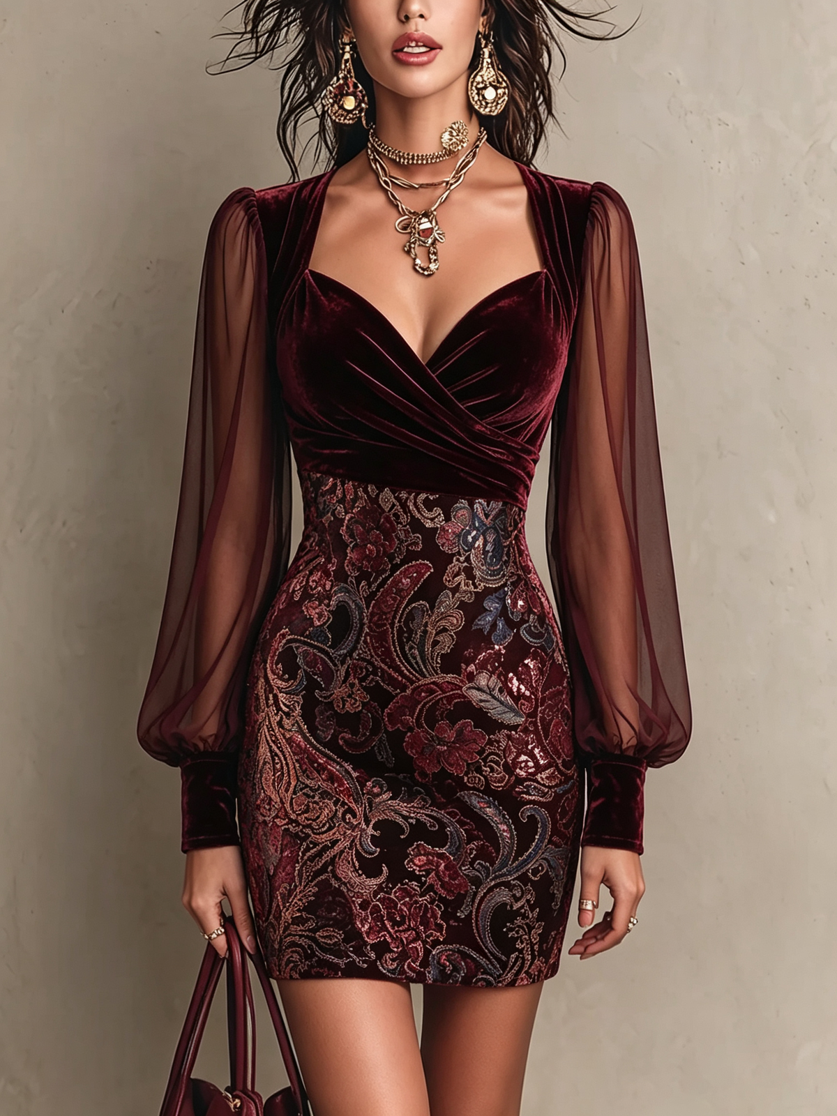 Burgundy Sequin Velvet Sheer Sleeve Mini Dress