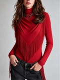 Red Ribbed Knit Fringe Top