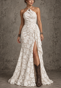 White Floral Lace Halter Maxi Dress