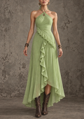 Green Ruffled Halter Midi Dress