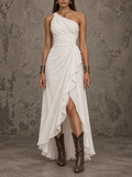 White Draped One-Shoulder Maxi Dress