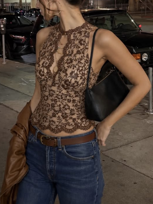 Brown Lace Sleeveless Top