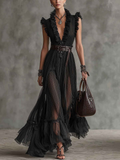 Black Pleated Ruffle Maxi Dress