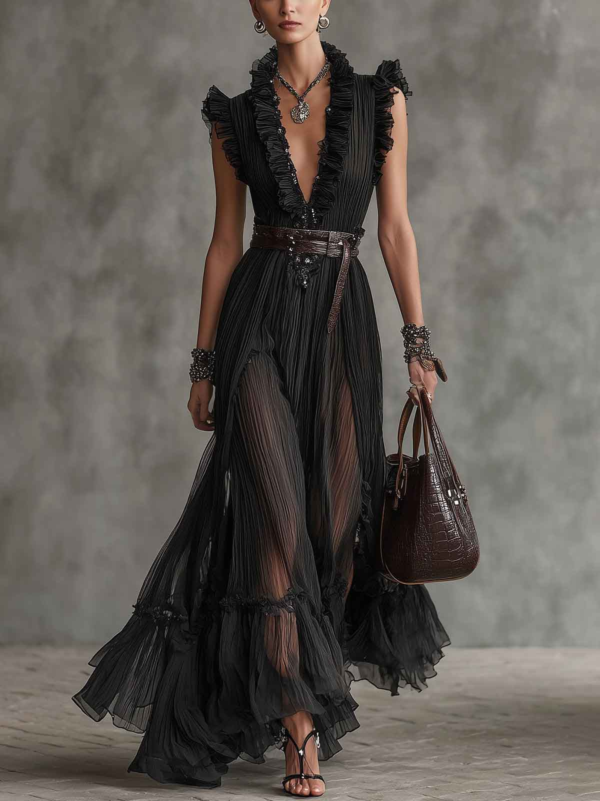 Black Pleated Ruffle Maxi Dress