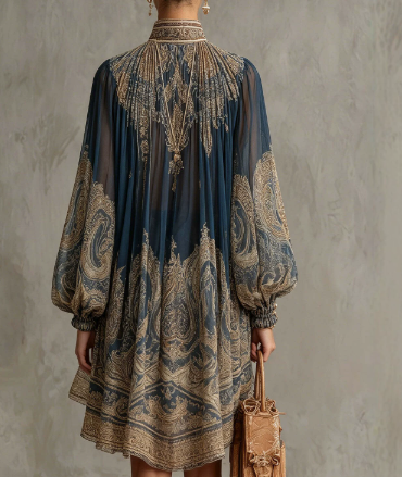 Blue Printed Cape Sleeve Blouse