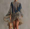 Blue Printed Cape Sleeve Blouse