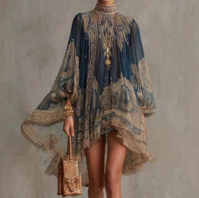 Blue Printed Cape Sleeve Blouse