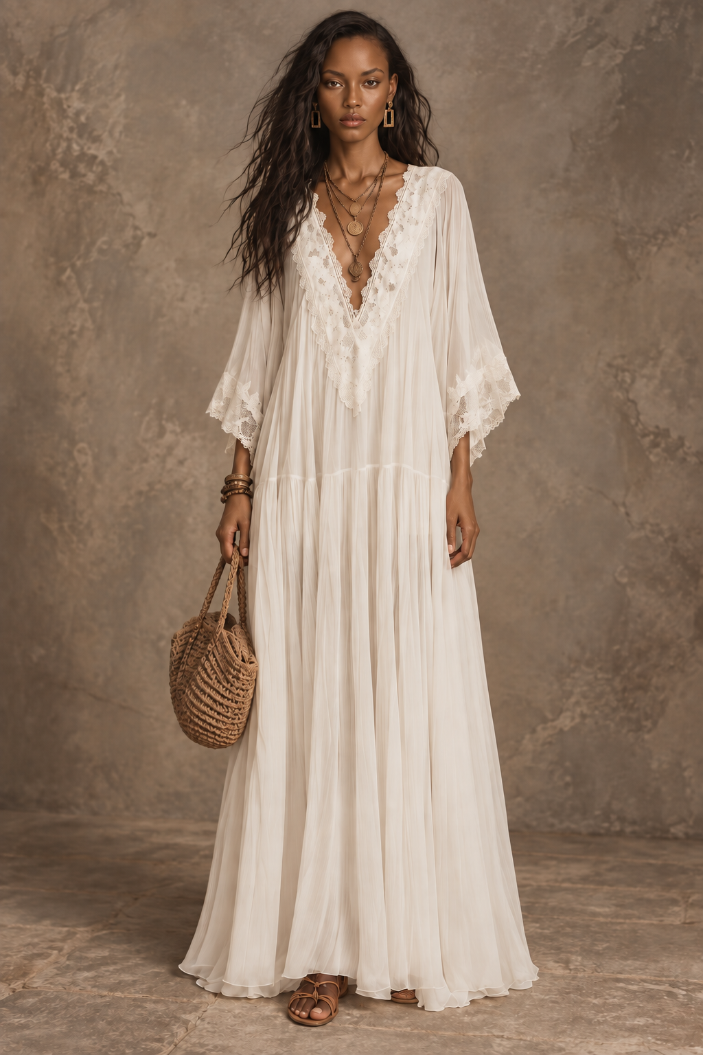 Cream Sheer Lace Trim Maxi Dress
