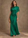 Green Satin Ruched Short Sleeve Maxi Dress