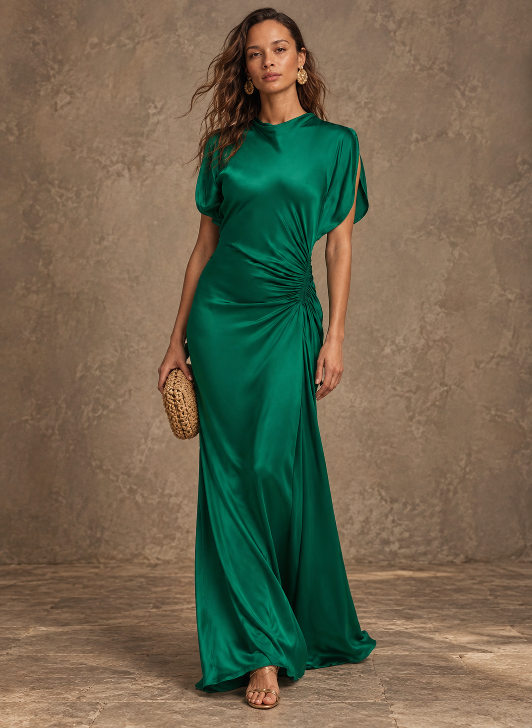 Green Satin Ruched Short Sleeve Maxi Dress