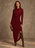 Burgundy Ruched Draped Maxi Dress