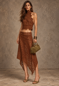 Brown Lace Halter Crop Top and Skirt Set