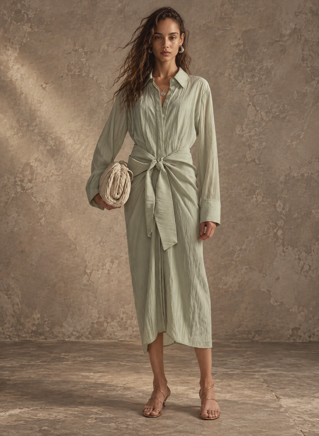 Sage Green Tie Front Midi Shirt Dress
