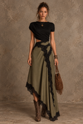 Olive Lace Trim Asymmetric Maxi Skirt Set