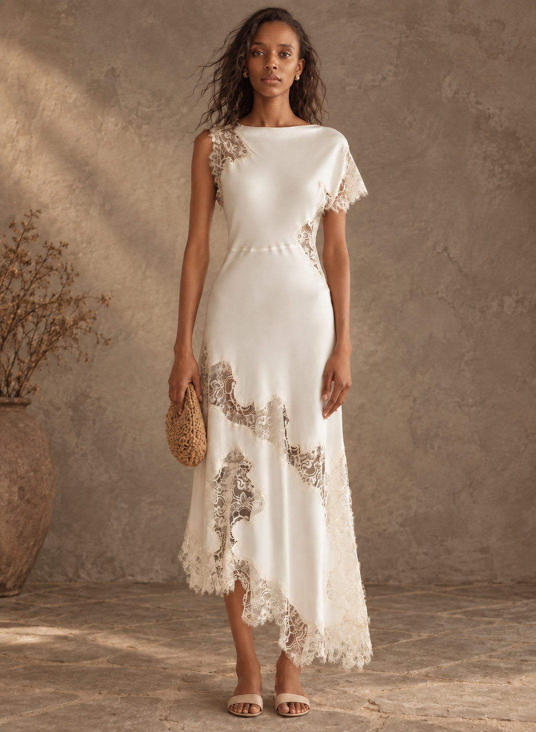 White Lace Trim Asymmetric Midi Dress