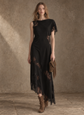 Black Lace Trim Asymmetric Midi Dress