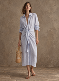 LightBlue Striped Tie Front Midi Shirt Dress