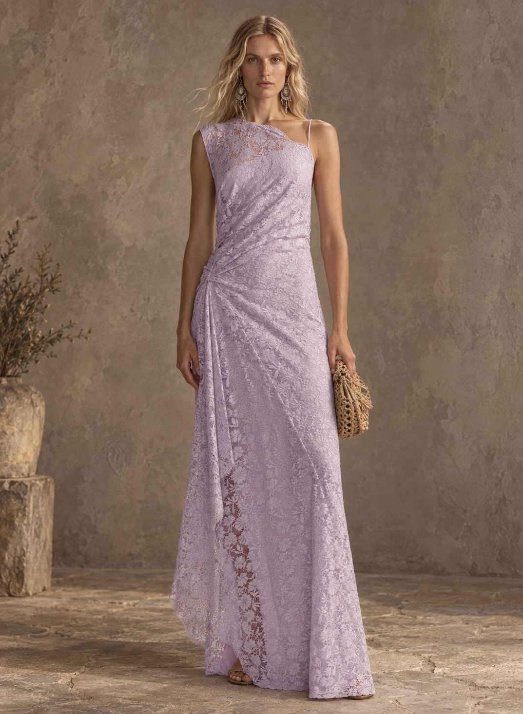 Lavender Lace One Shoulder Maxi Dress