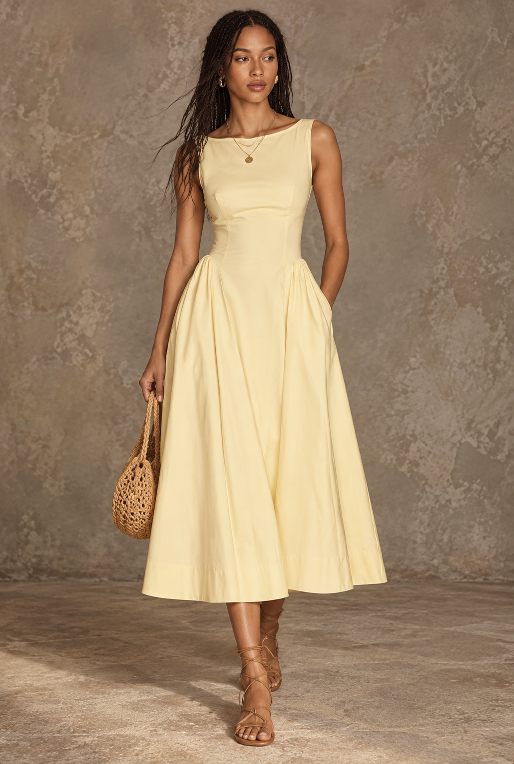 Yellow Sleeveless Pleated Midi Dress