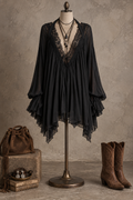 Black Sheer Lace Trim Tunic Blouse