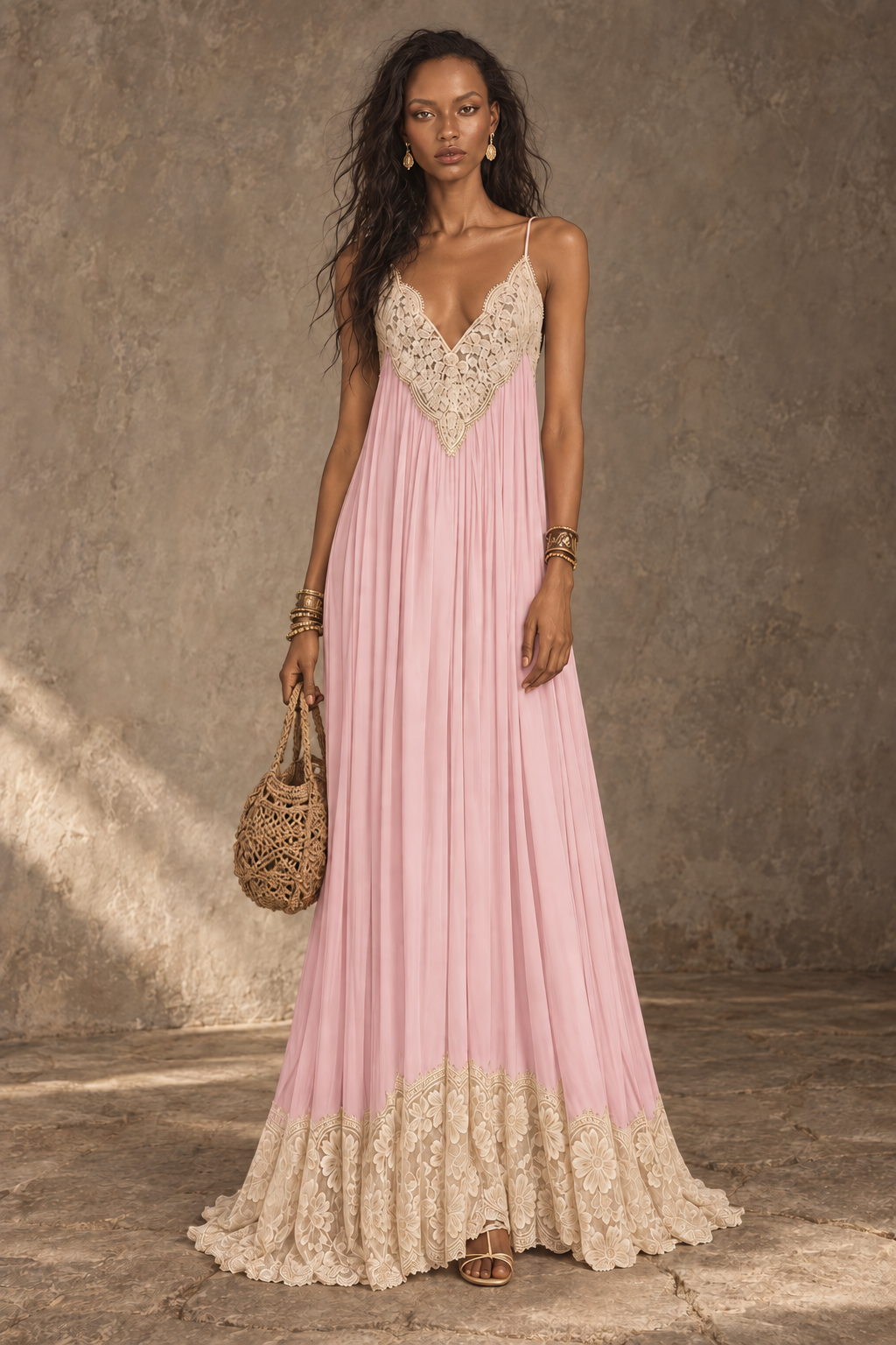 Pink Lace Trim Pleated Maxi Dress
