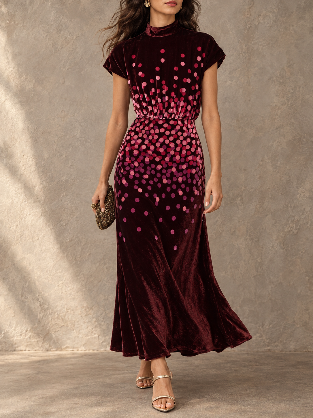 Burgundy Velvet Polka Dot Short Sleeve Maxi Dress