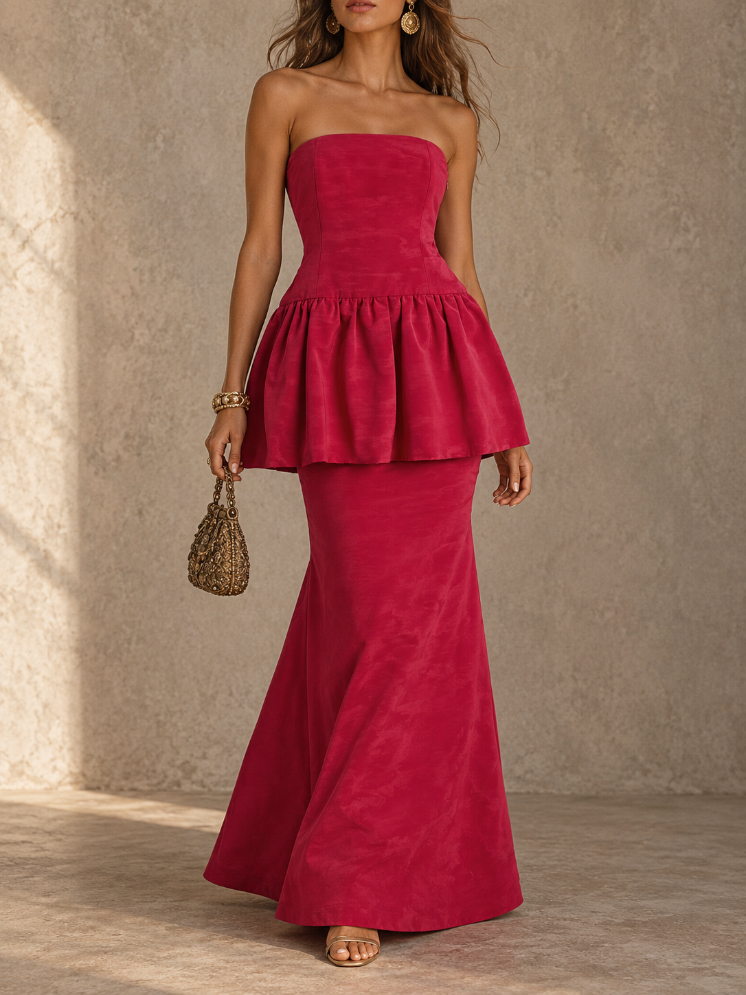 Red Strapless Peplum Mermaid Maxi Dress