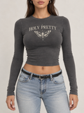Charcoal Holy Pretty Butterfly Long Sleeve Crop Top