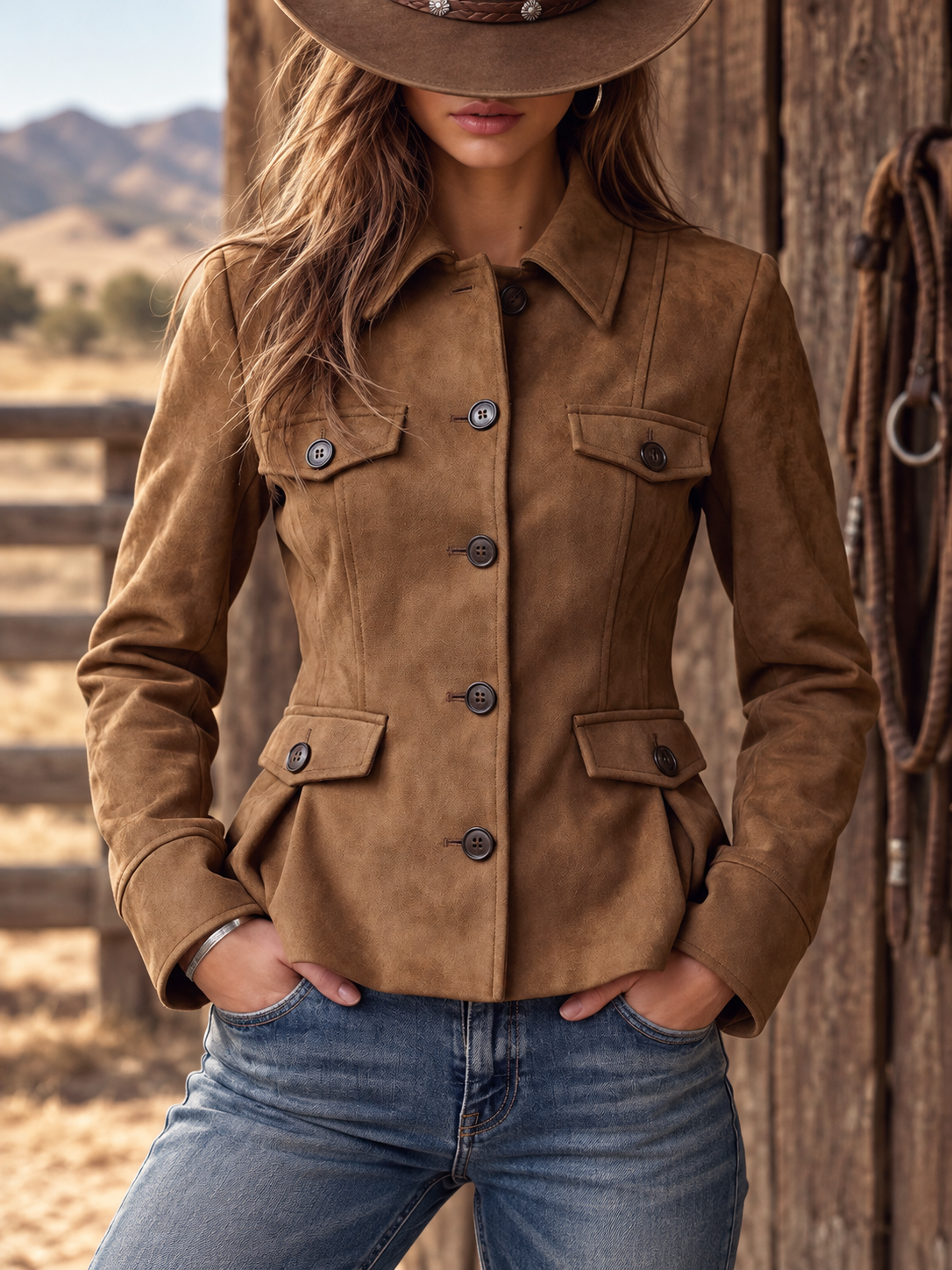 Camel Button Front Western Jacket