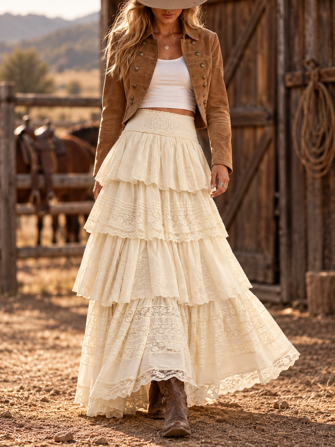 Cream Tiered Lace Maxi Skirt