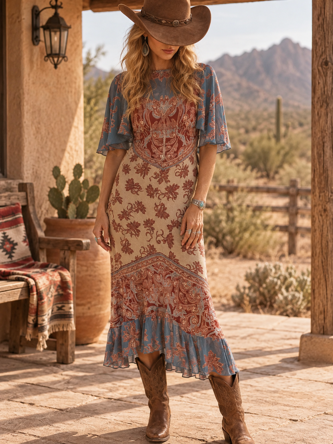 Blue Floral Paisley Midi Dress
