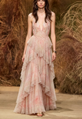 Watercolor Print Lace Trim Tiered Ruffle Maxi Dress