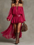 Off-Shoulder Sequin Waist High-Low Chiffon Dress