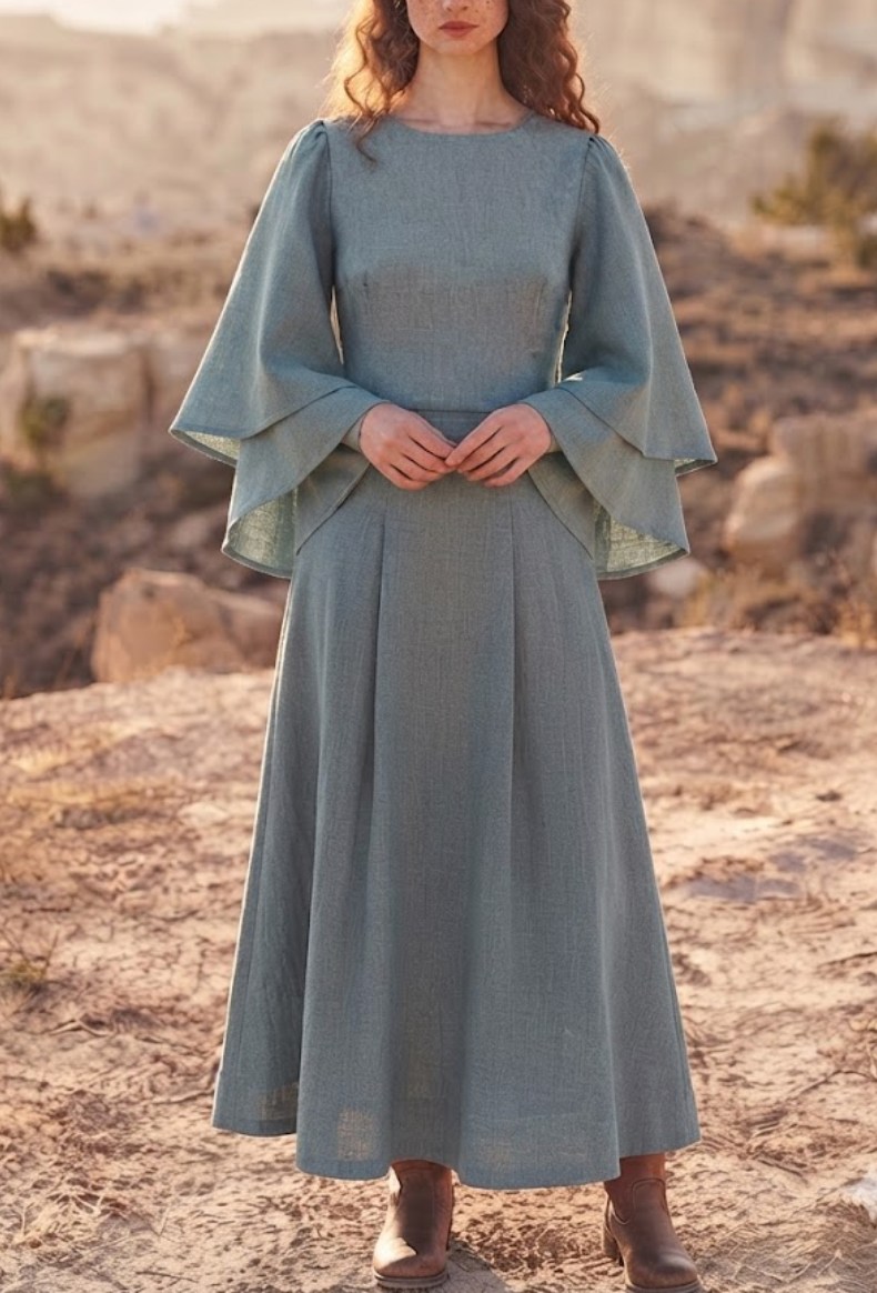 Tiered Bell Sleeve Linen Midi Dress