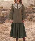 Lace Collar Button-Down Blouse & Midi Skirt Set