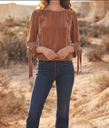 Tie-Cuff Puff Sleeve Velvet Blouse