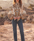 Paisley Print Tie-Neck Balloon Sleeve Blouse