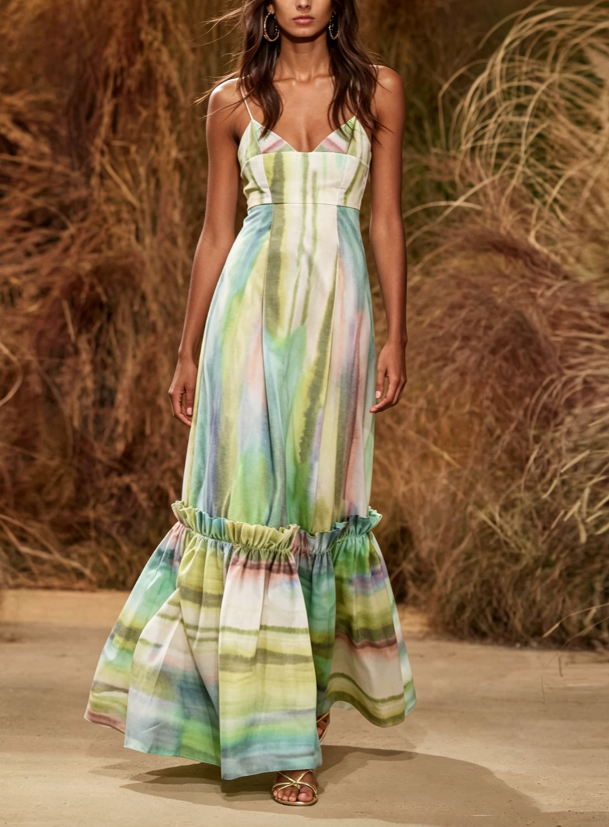 Spaghetti Strap Watercolor Stripe Ruffle Maxi Dress