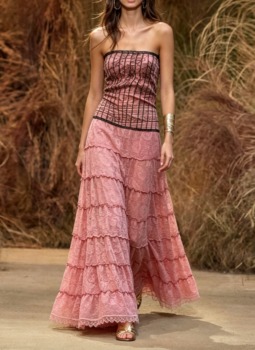 Lace Panel Strapless Tiered Maxi Dress
