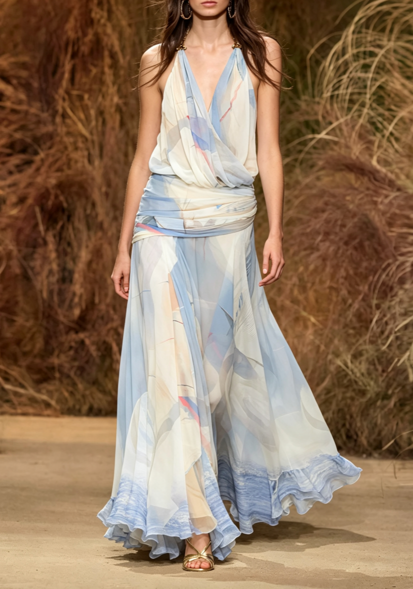 Halter Draped Abstract Print Ruffle Maxi Dress