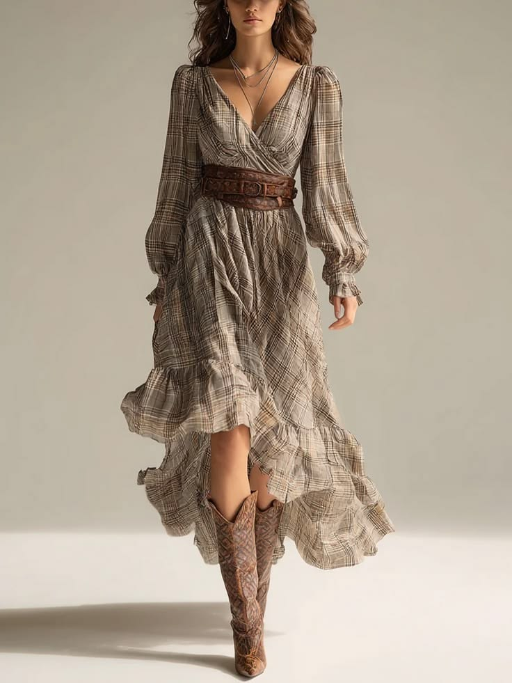 Belted Plaid Long Sleeve Wrap High-Low Dress