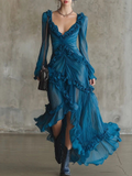 Ruffled Plunge V-Neck Twist Front Tiered Dress